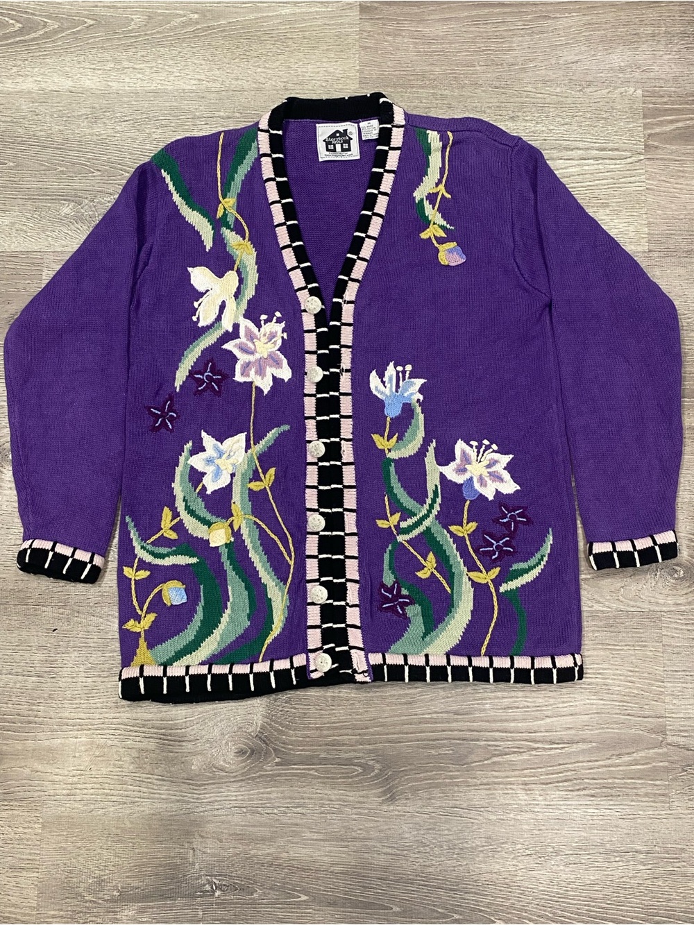 VTG Storybook Knits Purple Floral Lily Cardigan Sweater Medium Intact Beads
